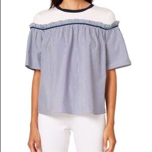 Esprit Blue and White Striped Off-Shoulder Ruffle Top